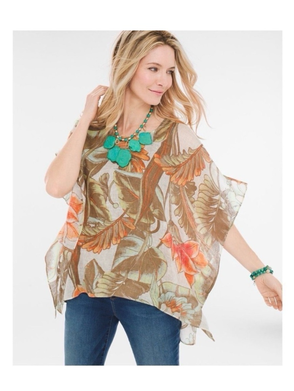 Chico’s Tropical 100% Linen Poncho Sheer Leaf Print Blouse Size S-M vacation